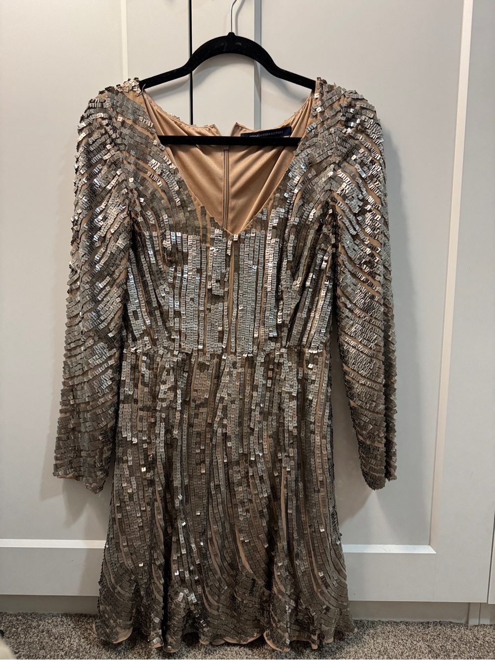 French Connection Champagne Sequin Long-Sleeve V-Neck Dress